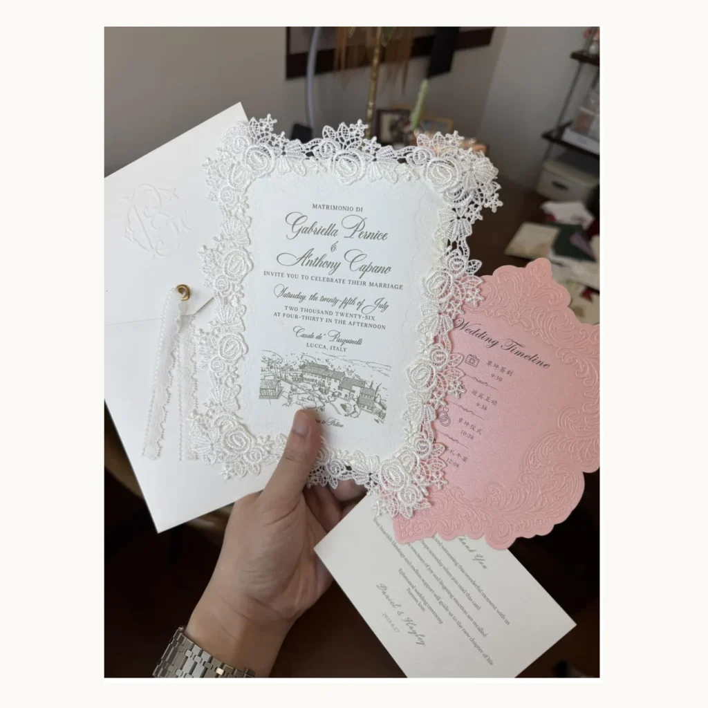 Photograph of White Lace and Blush Wedding Invitations