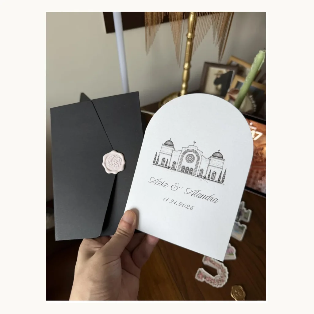 Photograph of Black Arch Wedding Invitation with Seal