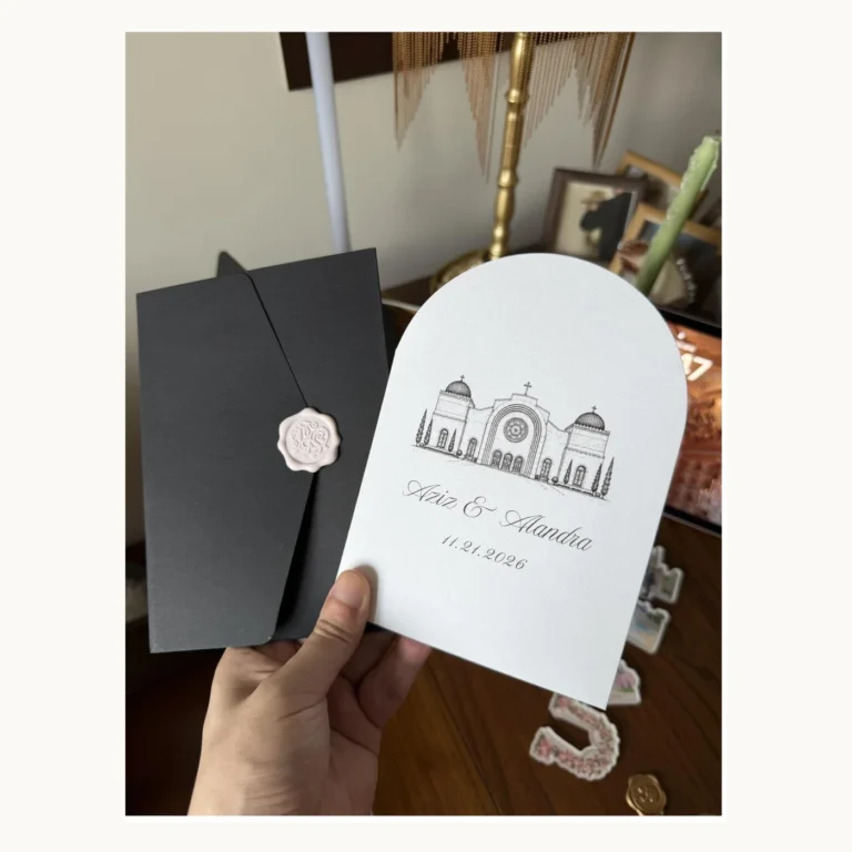 Photograph of Black Arch Wedding Invitation with Seal