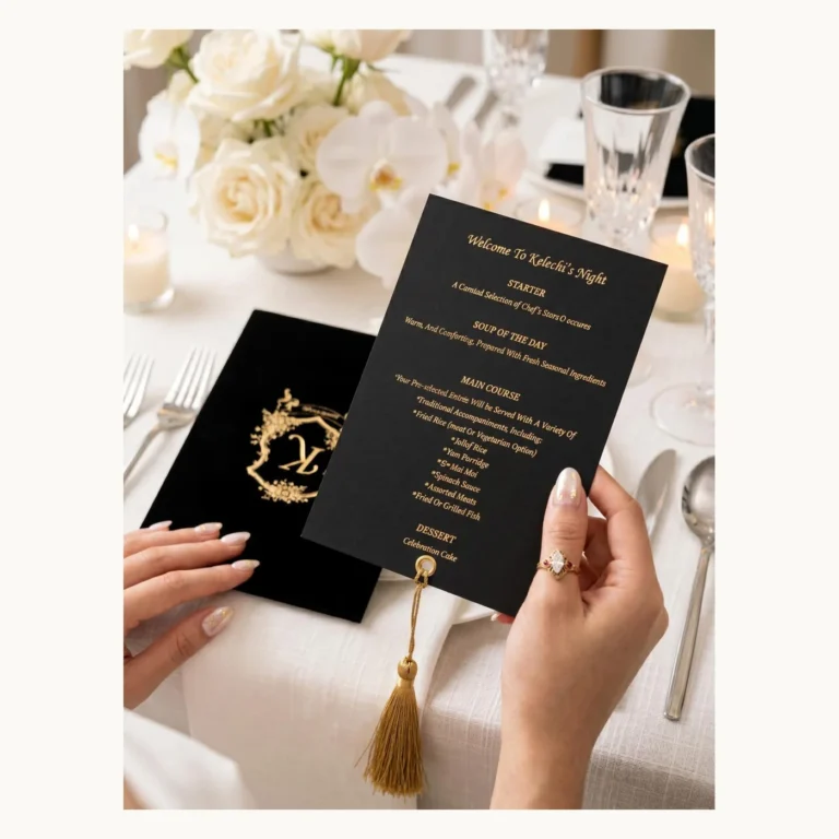 Photograph of Black and Gold Tassel Banquet Menus