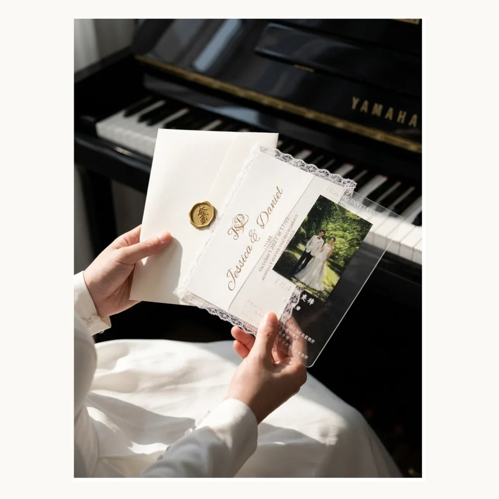 Photograph of Lace and Acrylic Photo Wedding Invitations