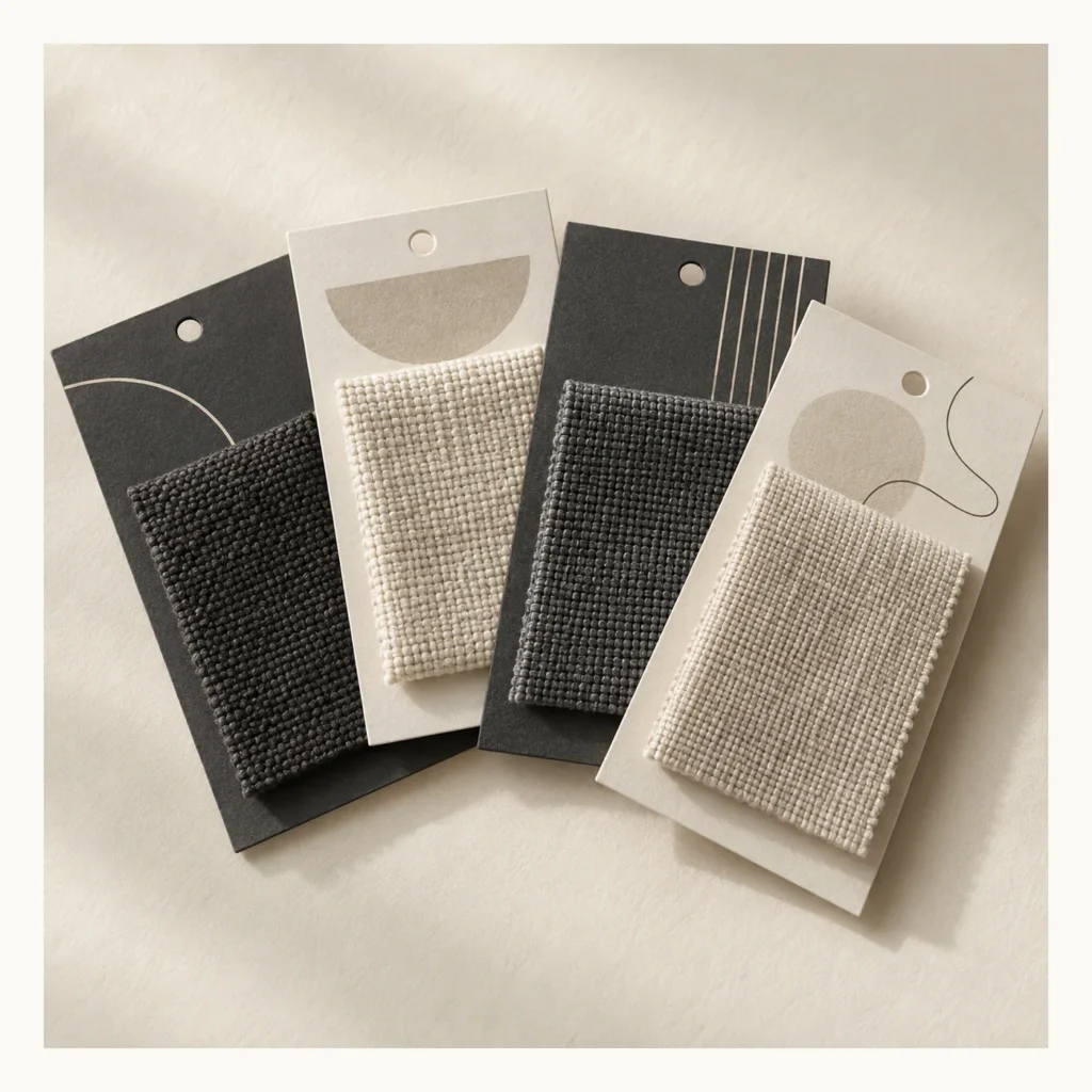 Digital concept rendering of Neutral Fabric Swatch Header Cards Design Concept