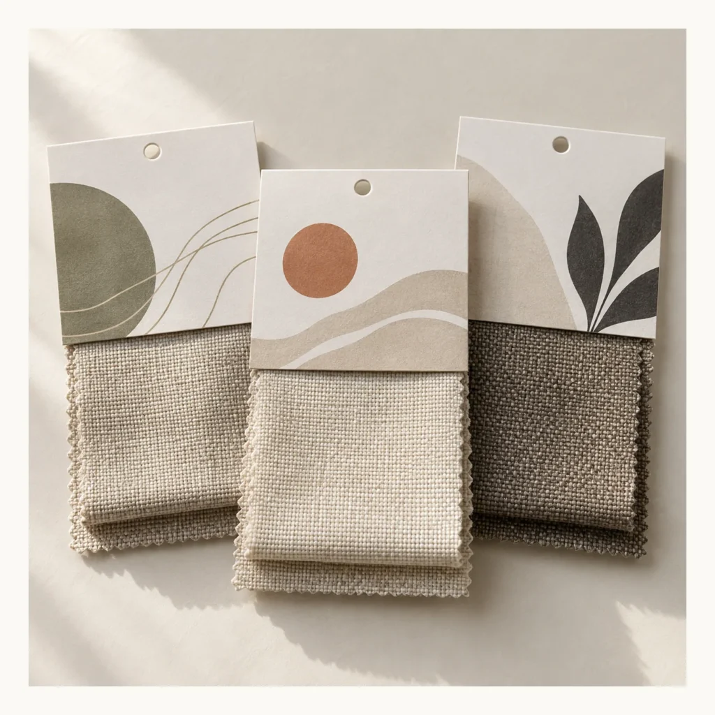 Digital concept rendering of White Header Card for Fabric Samples Design Concept