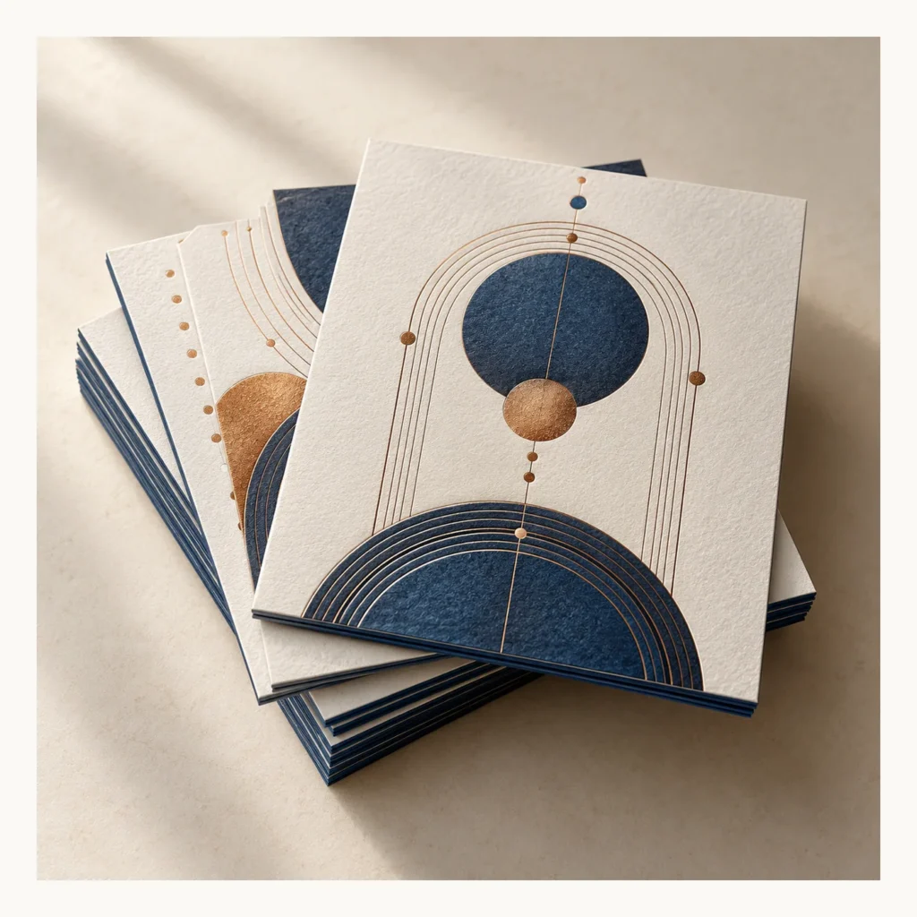Digital concept rendering of Blue Geometric Print Card Set Design Concept